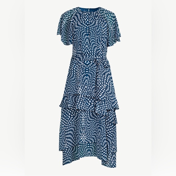 Green & White dotted raglan Sleeve Tie Waist tiered chiffon look dress size smal - Picture 9 of 10